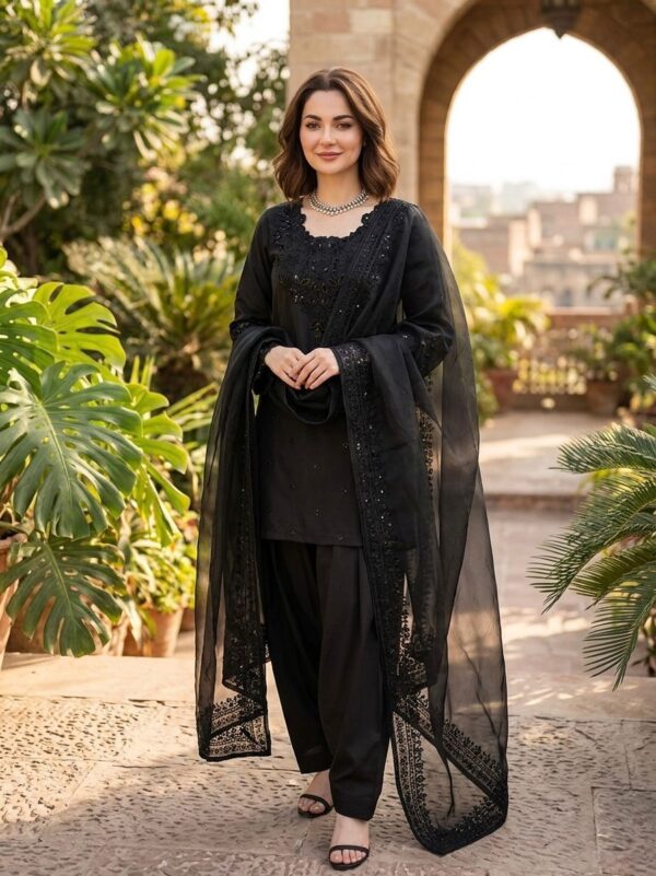 Black Color Natural Crepe Fabric Thread With Sequence Work Farshi Style Suit