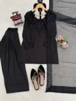 Black Color Natural Crepe Fabric Thread With Sequence Work Farshi Style Suit