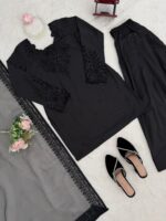 Black Color Natural Crepe Fabric Thread With Sequence Work Farshi Style Suit
