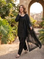 Black Color Natural Crepe Fabric Thread With Sequence Work Farshi Style Suit