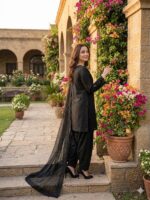 Black Color Natural Crepe Fabric Thread With Sequence Work Farshi Style Suit