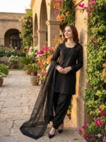 Black Color Natural Crepe Fabric Thread With Sequence Work Farshi Style Suit