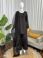 Black Color Natural Crepe Fabric Thread With Sequence Work Farshi Style Suit
