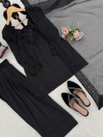 Black Color Natural Crepe Fabric Thread With Sequence Work Farshi Style Suit