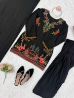 Black Color Rayon Fabric Thread Work Farshi Style Palazzo Suit