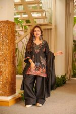 Black Color Rayon Fabric Thread Work Farshi Style Palazzo Suit