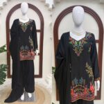 Black Color Rayon Fabric Thread Work Farshi Style Palazzo Suit
