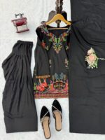 Black Color Rayon Fabric Thread Work Farshi Style Palazzo Suit