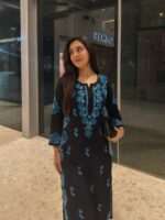 Black Color Roman Silk Fabric Thread Work Suit