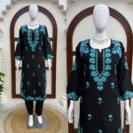 Black Color Roman Silk Fabric Thread Work Suit