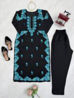 Black Color Roman Silk Fabric Thread Work Suit