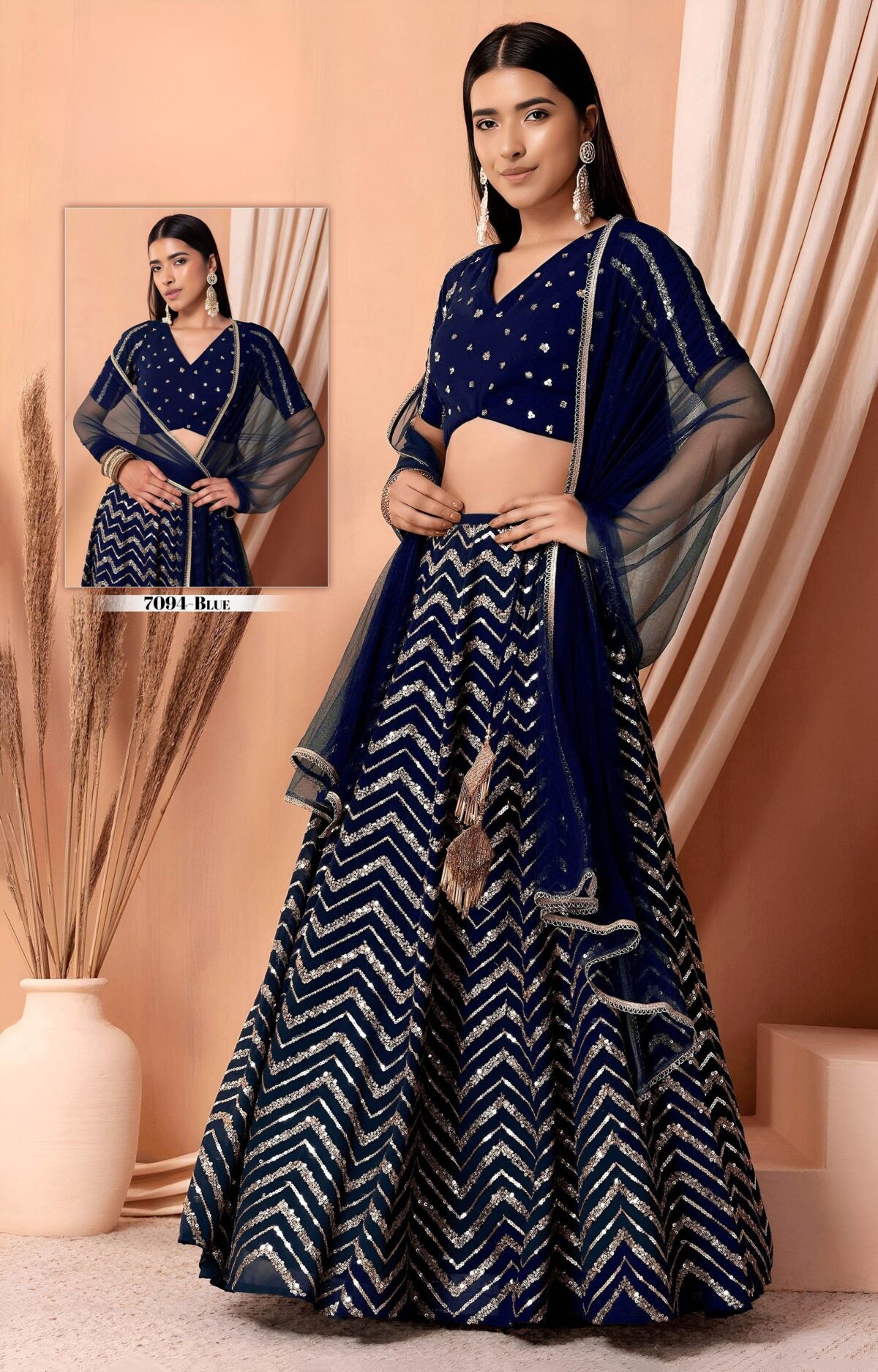 Blue Color Georgette Fabric Zari With Sequence Embroidery Work Lehenga