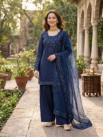 Blue Color Natural Crepe Fabric Thread With Sequence Work Farshi Style Suit