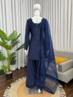 Blue Color Natural Crepe Fabric Thread With Sequence Work Farshi Style Suit