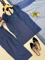 Blue Color Natural Crepe Fabric Thread With Sequence Work Farshi Style Suit