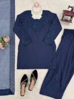 Blue Color Natural Crepe Fabric Thread With Sequence Work Farshi Style Suit
