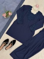Blue Color Natural Crepe Fabric Thread With Sequence Work Farshi Style Suit