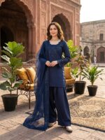 Blue Color Natural Crepe Fabric Thread With Sequence Work Farshi Style Suit