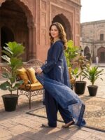 Blue Color Natural Crepe Fabric Thread With Sequence Work Farshi Style Suit