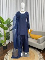Blue Color Natural Crepe Fabric Thread With Sequence Work Farshi Style Suit