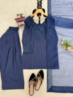 Blue Color Natural Crepe Fabric Thread With Sequence Work Farshi Style Suit