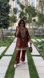 Brown Color Slub Rayon Fabric Thread Work Suit