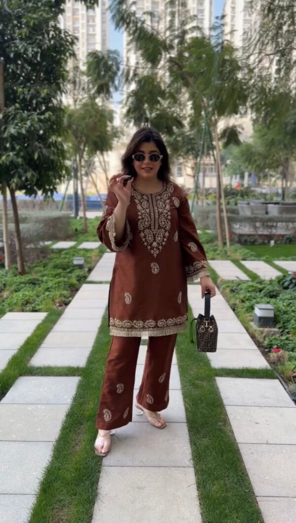 Brown Color Slub Rayon Fabric Thread Work Suit