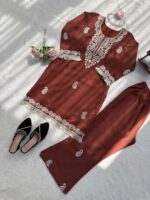 Brown Color Slub Rayon Fabric Thread Work Suit