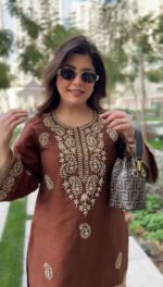 Brown Color Slub Rayon Fabric Thread Work Suit