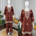 Brown Color Slub Rayon Fabric Thread Work Suit