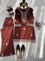 Brown Color Slub Rayon Fabric Thread Work Suit