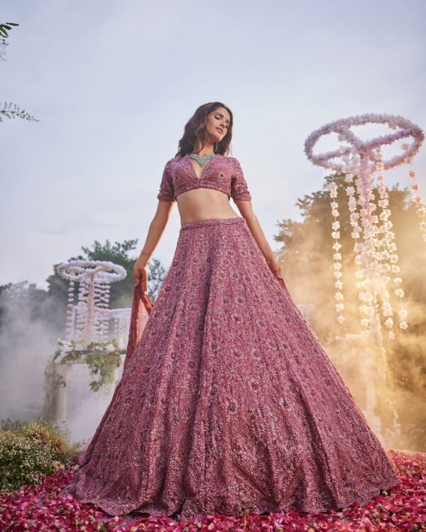Dusty Pink Color Chinon Silk Fabric Jari With Sequence Work Lehenga