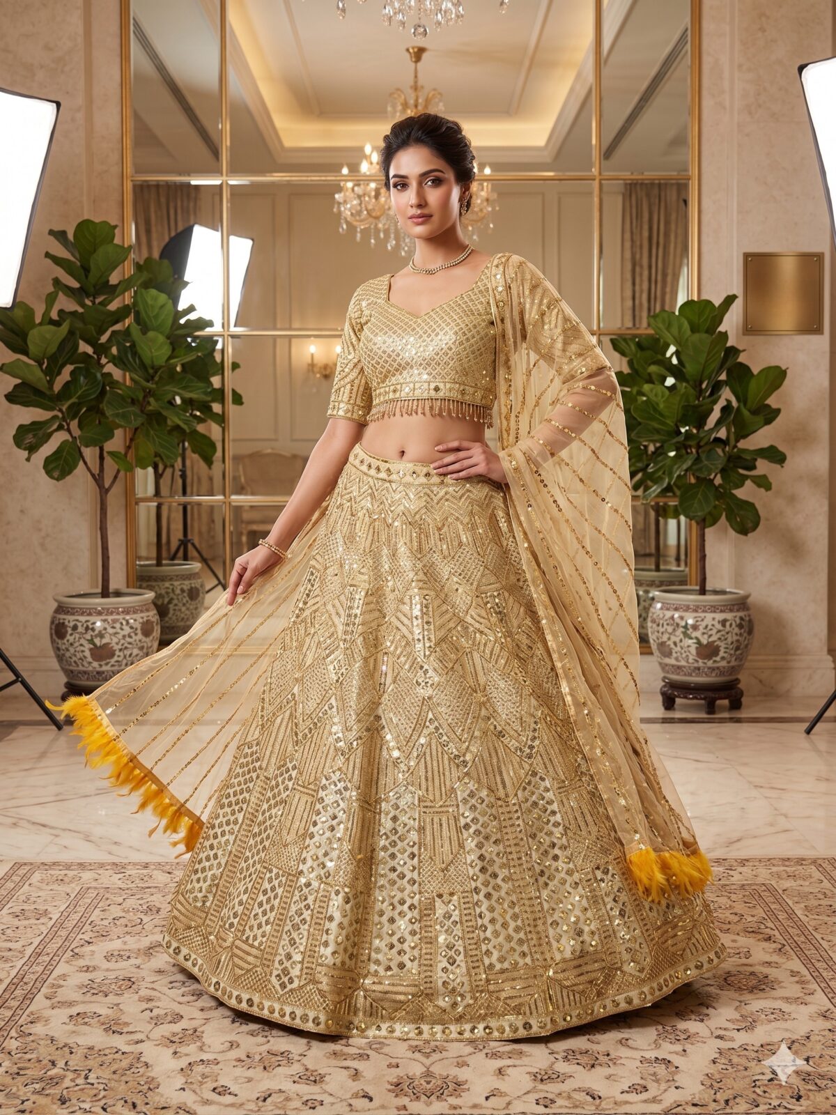 Gold Color Soft Net Fabric Coding With Sequence Work Lehenga