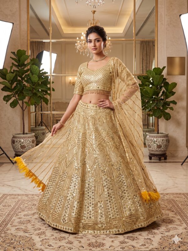 Gold Color Soft Net Fabric Coding With Sequence Work Lehenga