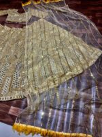 Gold Color Soft Net Fabric Coding With Sequence Work Lehenga