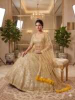 Gold Color Soft Net Fabric Coding With Sequence Work Lehenga