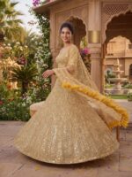 Gold Color Soft Net Fabric Coding With Sequence Work Lehenga