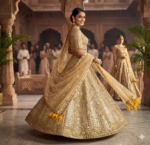 Gold Color Soft Net Fabric Coding With Sequence Work Lehenga