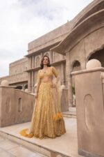 Gold Color Soft Net Fabric Coding With Sequence Work Lehenga
