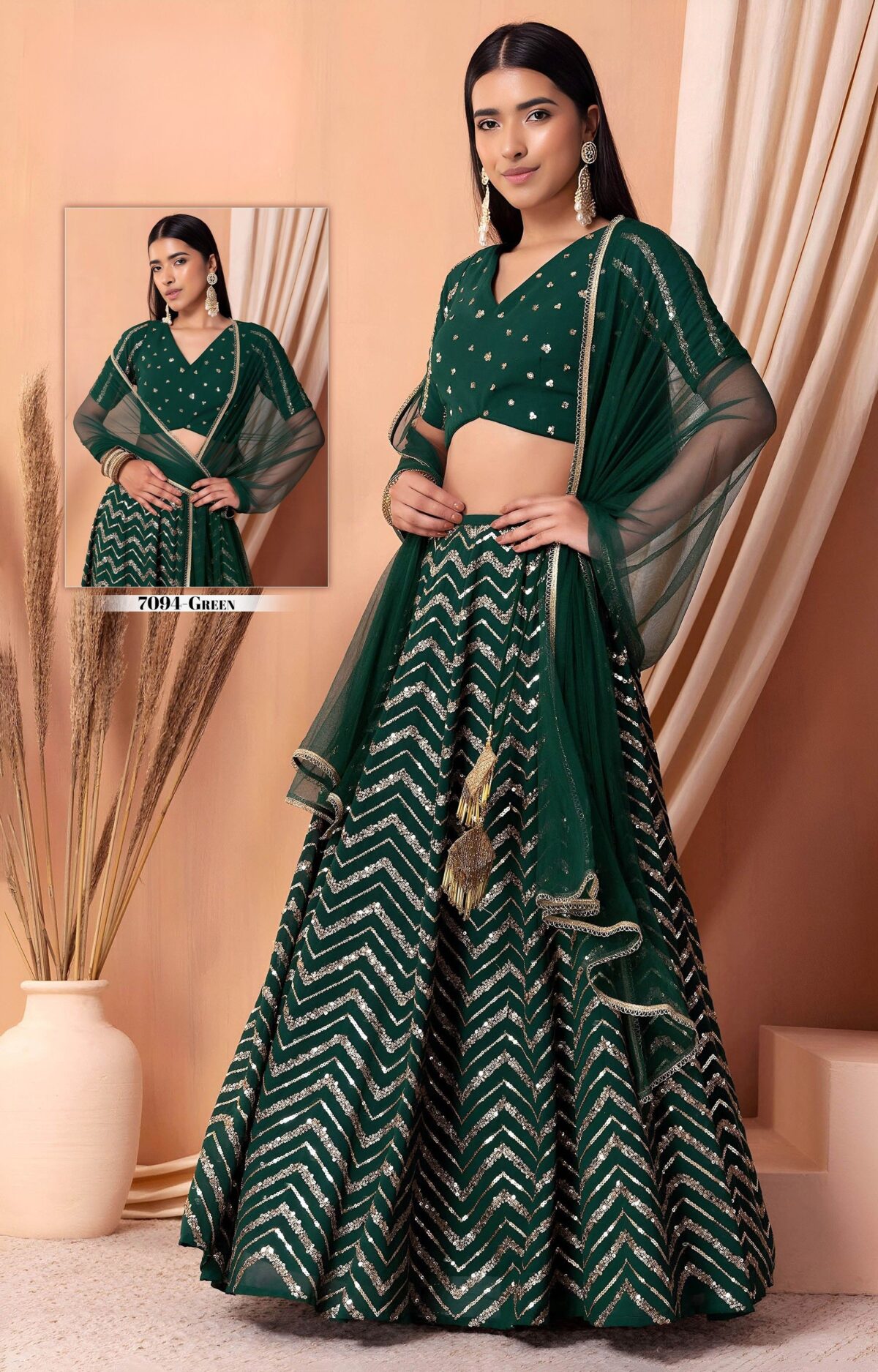Green Color Georgette Fabric Zari With Sequence Embroidery Work Lehenga