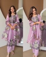 Light Lavender Color Mul Chanderi Fabric Thread Work Suit