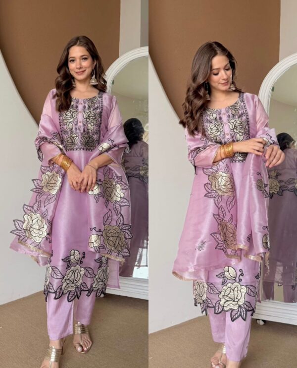 Light Lavender Color Mul Chanderi Fabric Thread Work Suit
