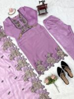 Light Lavender Color Mul Chanderi Fabric Thread Work Suit