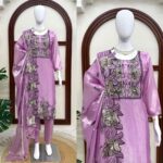 Light Lavender Color Mul Chanderi Fabric Thread Work Suit