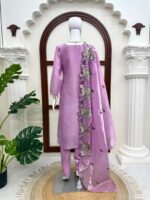 Light Lavender Color Mul Chanderi Fabric Thread Work Suit