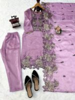 Light Lavender Color Mul Chanderi Fabric Thread Work Suit