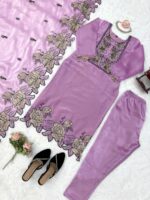 Light Lavender Color Mul Chanderi Fabric Thread Work Suit