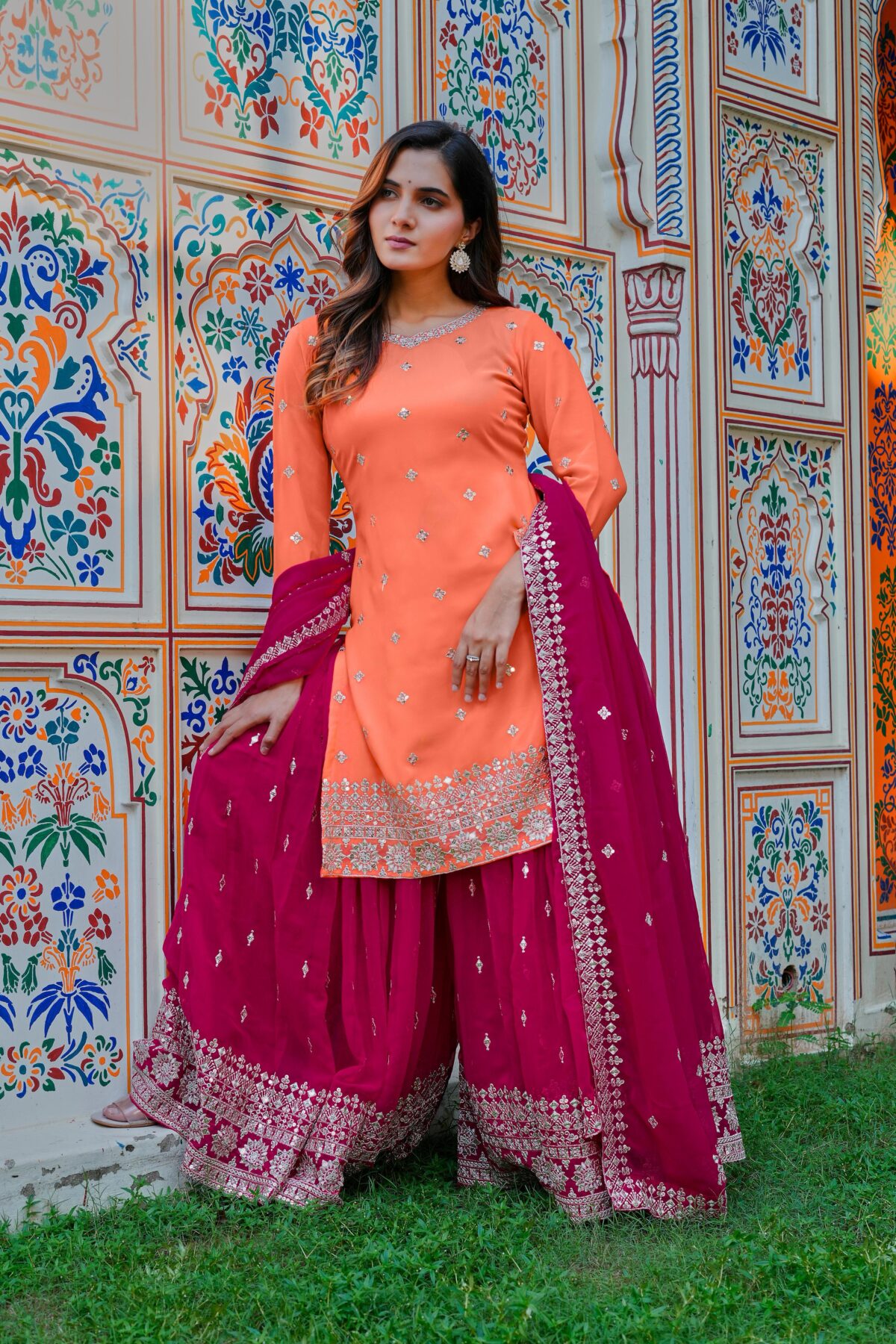 Light Orange Color Faux Georgette Fabric Thread With Sequence Work Palazzo Suit