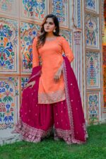 Light Orange Color Faux Georgette Fabric Thread With Sequence Work Palazzo Suit