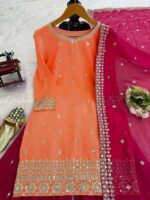 Light Orange Color Faux Georgette Fabric Thread With Sequence Work Palazzo Suit